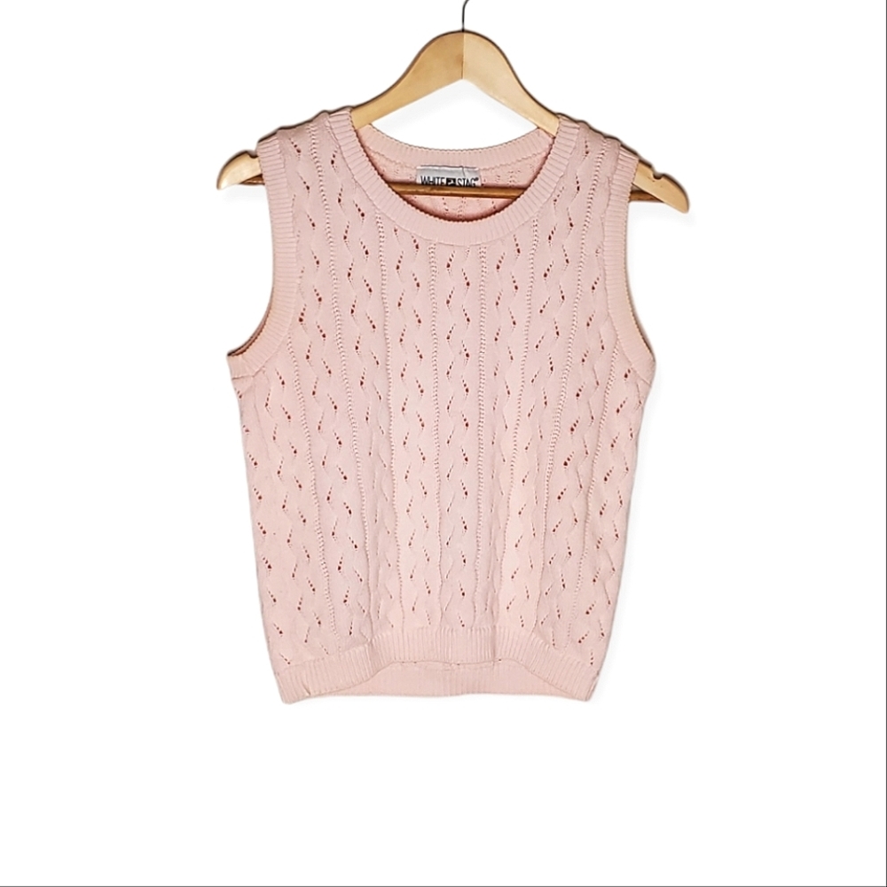 Baby Pink Sleeveless Cable Knit Shell Tank Sweater